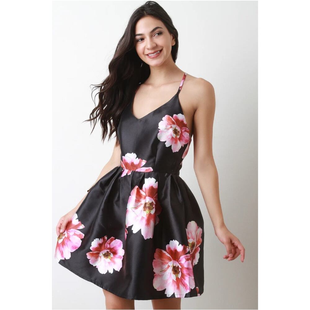 Sans Souchi Floral Satin Fit & Flare V-Neck Dress Womens MEDIUM Party Preppy NWT